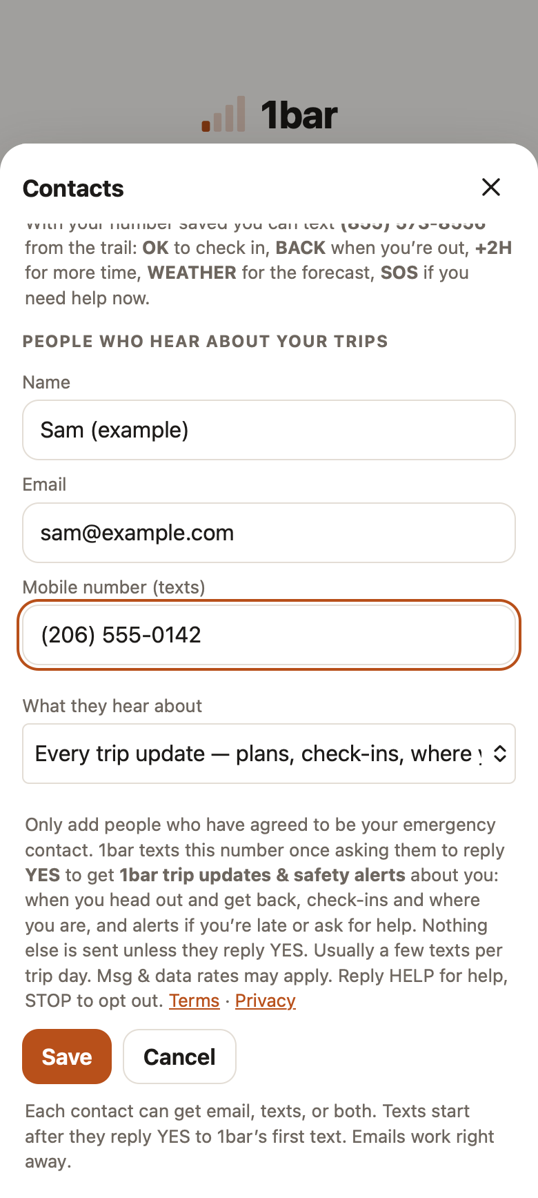 The add-contact form in 1bar: name, email and mobile number, and the note to add only people who agreed, and that 1bar texts the contact once to reply YES before sending anything else